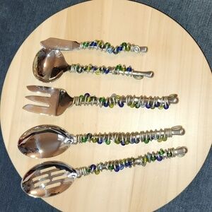 Hand beaded and wire wrapped   silverware serving set pieces